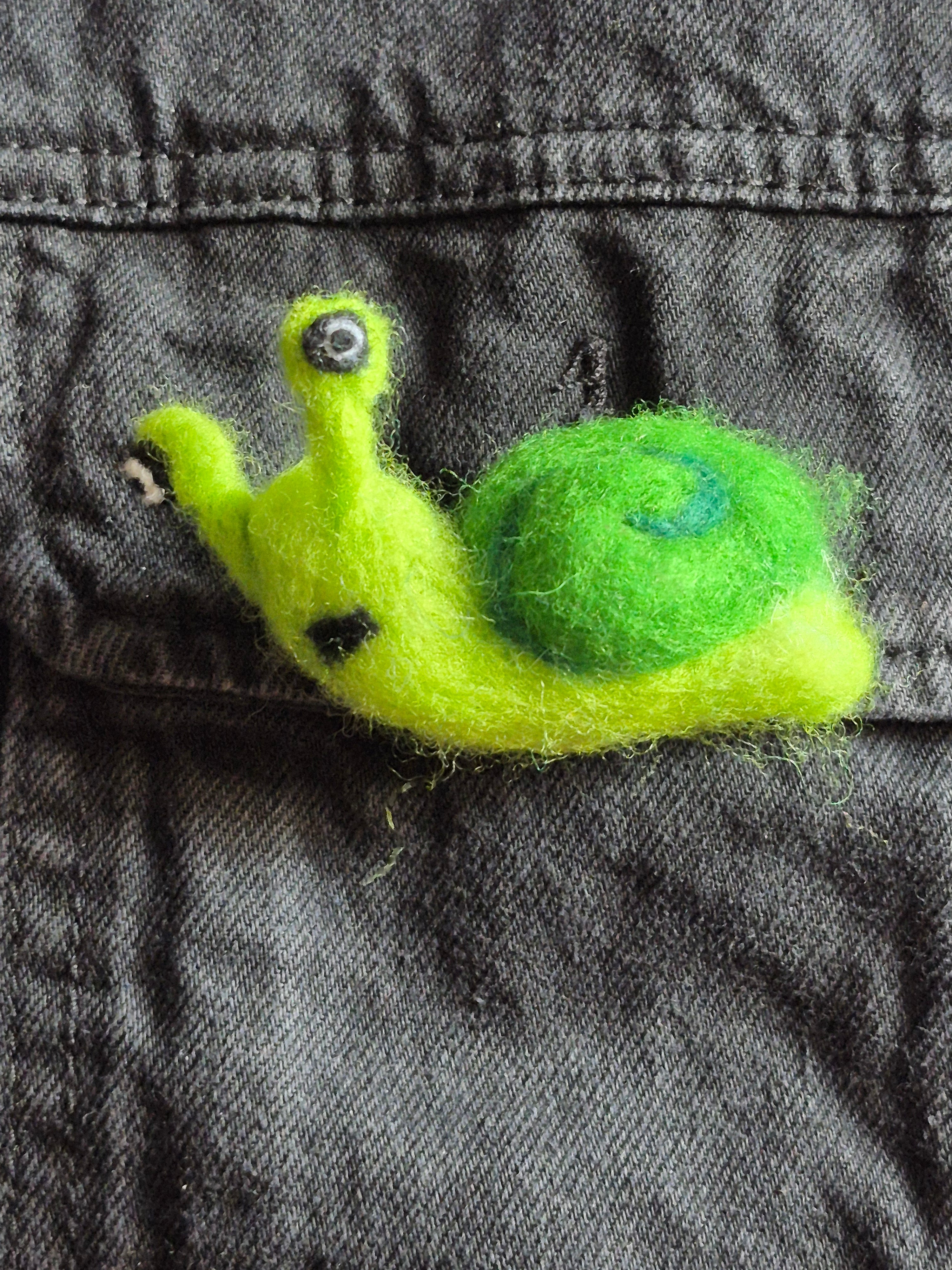 Steve the Grumpy Green Snail, Hand‑Felted One‑of‑a‑kind Brooch