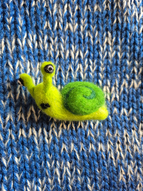 Steve the Grumpy Green Snail, Hand‑Felted One‑of‑a‑kind Brooch